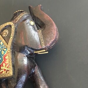 VTG Embossed & HandPainted Colorful Elephant Statue Brass Tusk Figurine 4.5"x4"